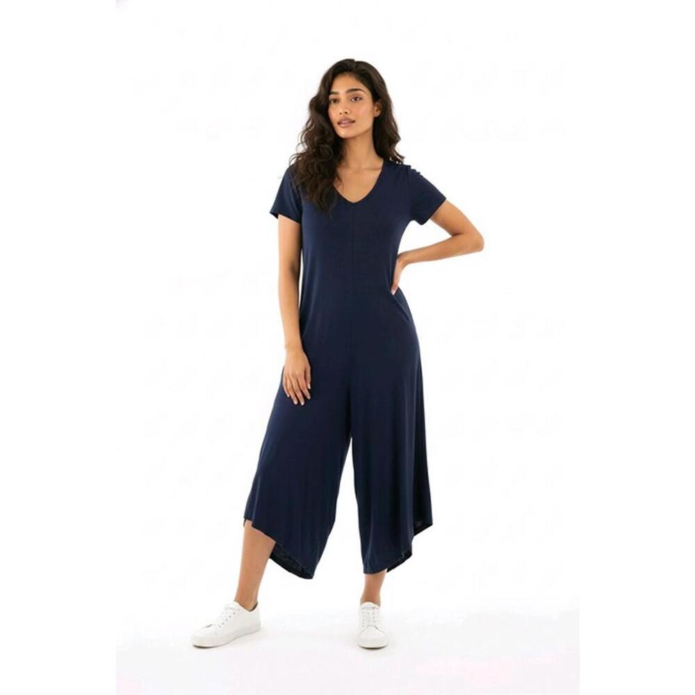 Halara Navy Blue Wide-Leg Jumpsuit with V-Neck, Curved Hem with Slits, M